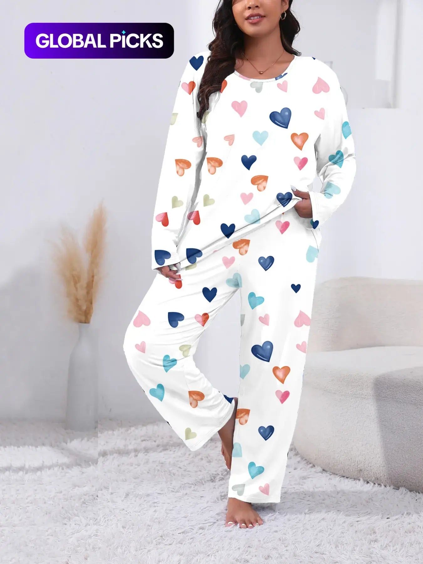 Plus Size Heart Print Pyjama Lounge Set for Women