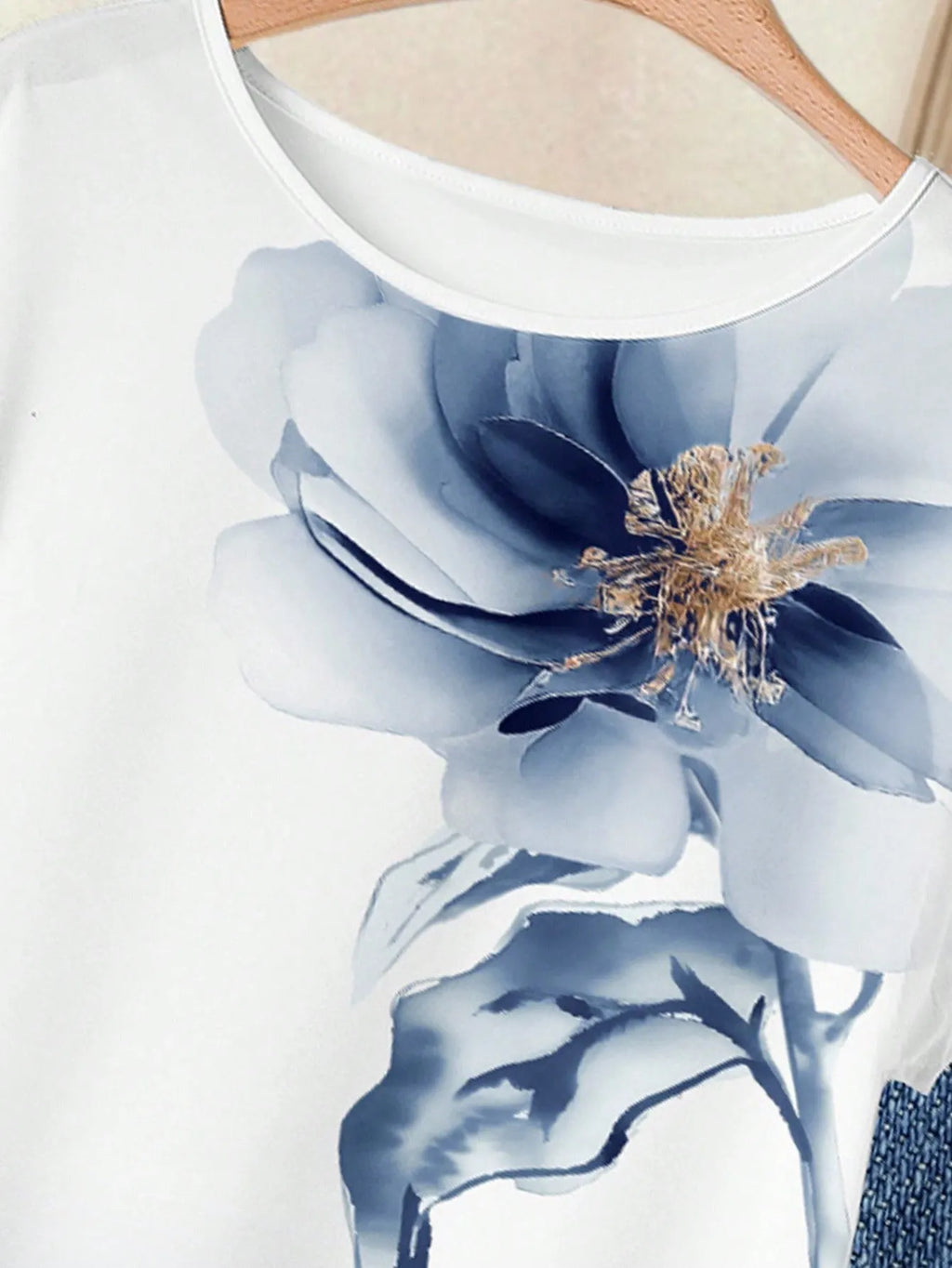 Women's Navy Blue Floral Summer Boho Casual Vacation Holiday 2 Pieces Outfits Plants-Pattern Pants And Round Neck Batwing Sleeve Blouse Woven Set