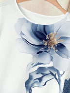 Women's Navy Blue Floral Summer Boho Casual Vacation Holiday 2 Pieces Outfits Plants-Pattern Pants And Round Neck Batwing Sleeve Blouse Woven Set