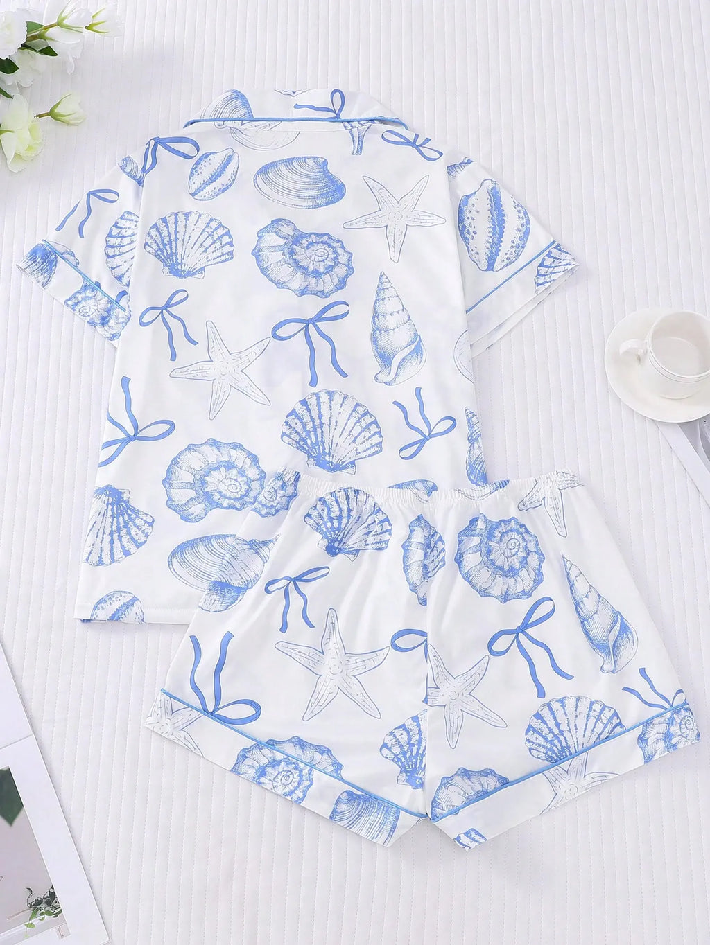 2pcs Women Pajama Set, Seashell Print, Ladies Homewear, Spring/Summer Holiday Outfit, Short Sleeve Lapel Top And Shorts Can Be Worn Outerwear