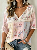 Women's Casual Retro Floral-Print Breast Cancer Awareness T-Shirt