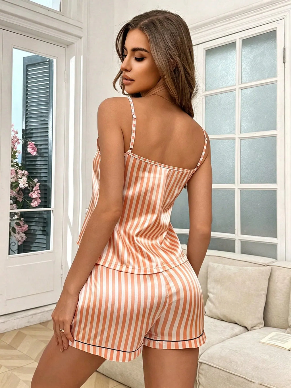 Softscene Stripe & Print Satin Camisole Top & Shorts Women Pajama Set