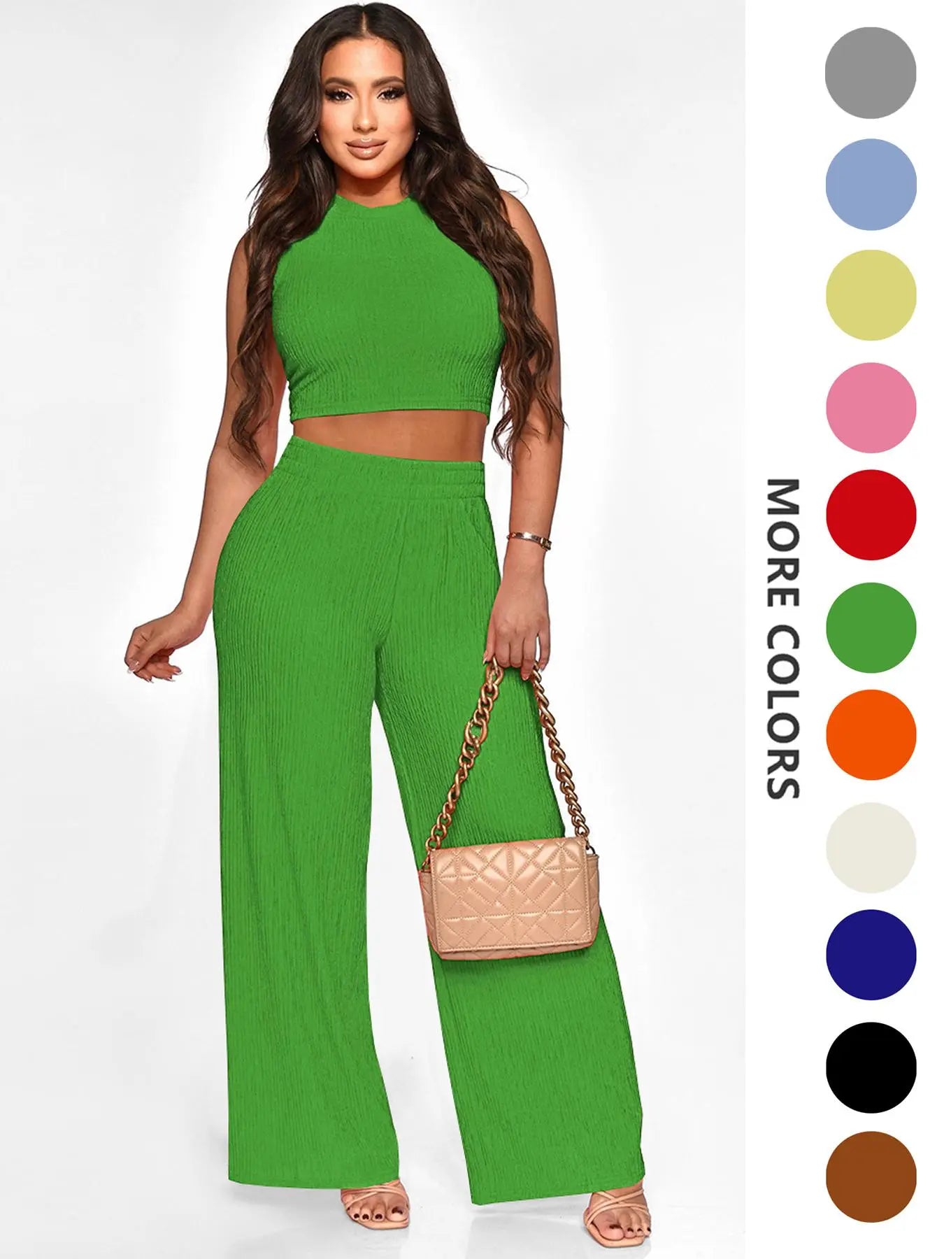Two-Piece Set Women's Solid Textured Knit Fabric Co-ord Set Suits, Casual Round Neck Crop Tank Top & High Waist Wide Leg Pants Set, Ladies Summer Fit Clothes for Daily Wear, Womenswear