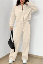 Zipper Long Sleeve Track Jacket Solid Color Wide Leg Pants Set-Black