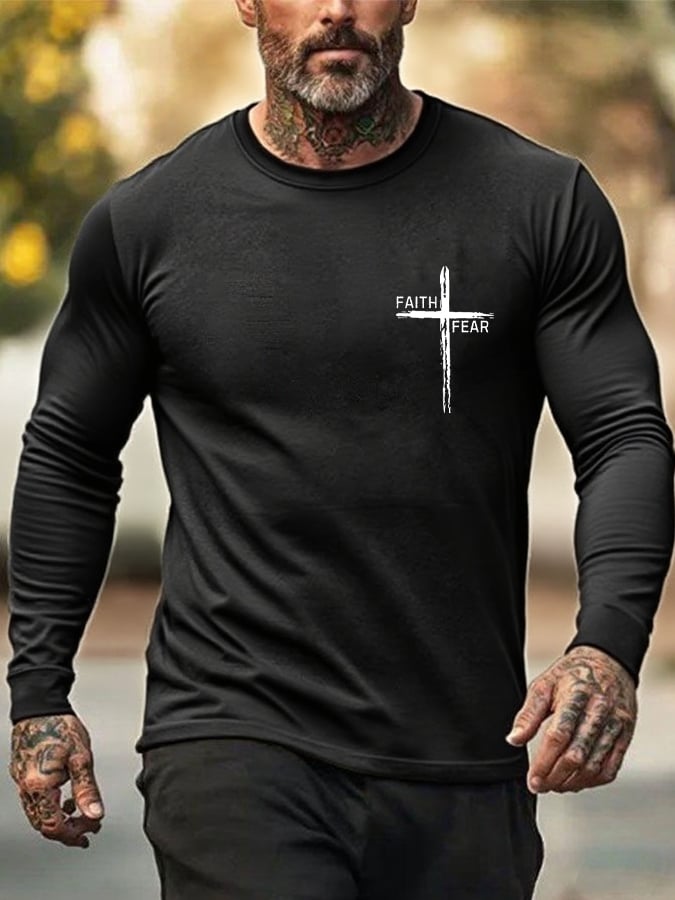 🔥Buy 3 Get 15% Off🔥Men's Retro Faith Cross "Faith Over Fear" Print Crew Neck T-Shirt