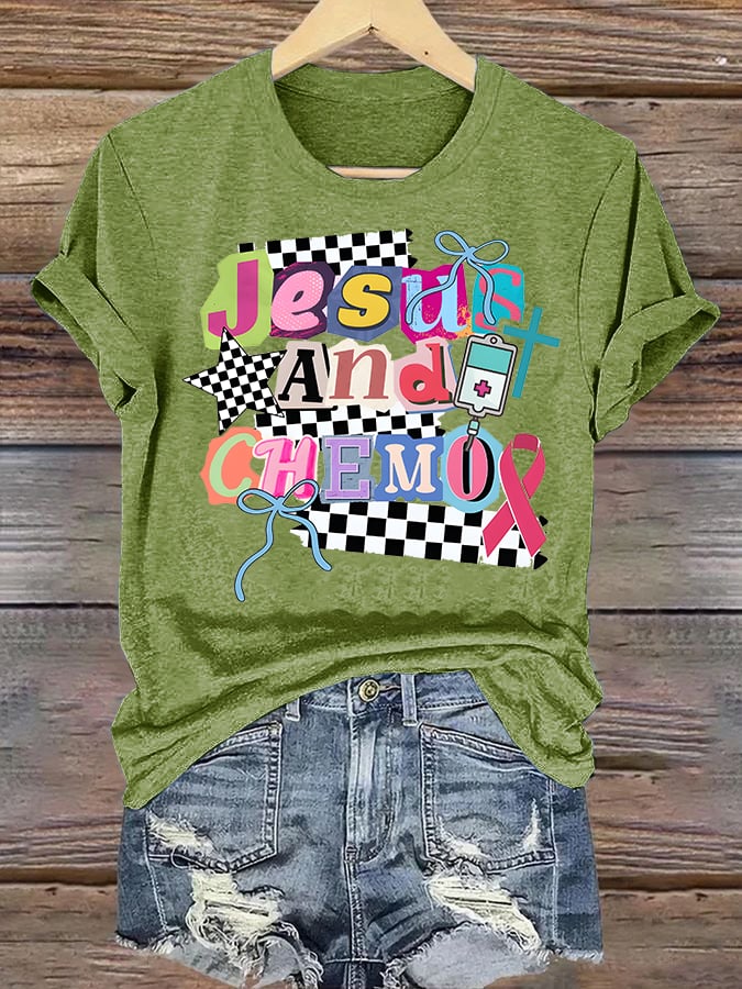 Women's  Jesus And Chemo Christian Cancer Awareness T-Shirt | Faith-Based Cancer Fighter Tee