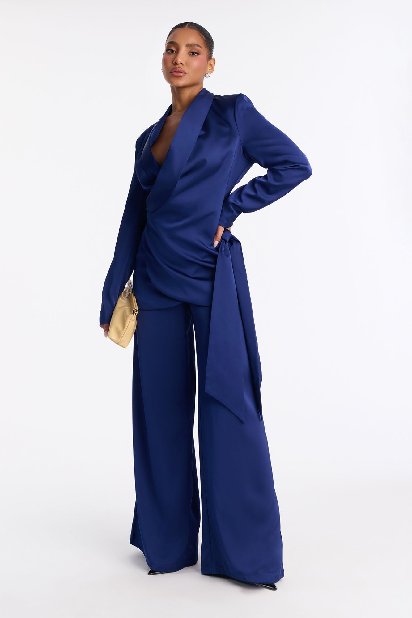 Wrap It Up Satin Blazer Pant Set - Navy