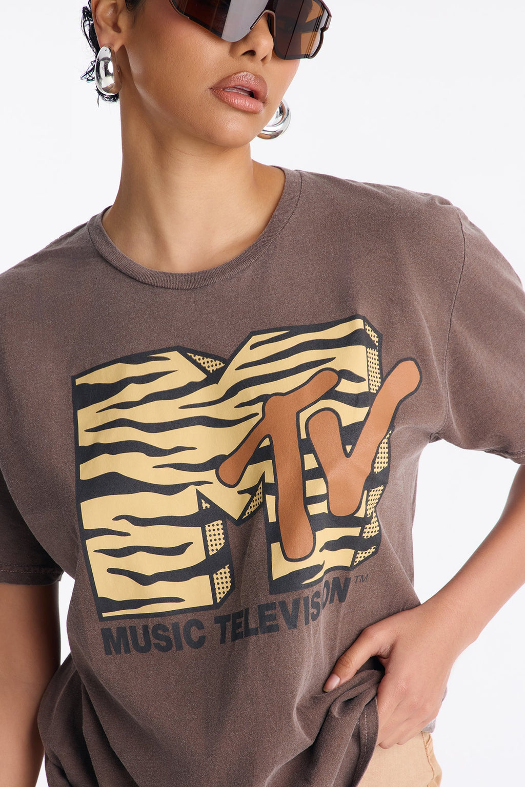 MTV Zebra Vibes Washed Oversize Tee - Brown