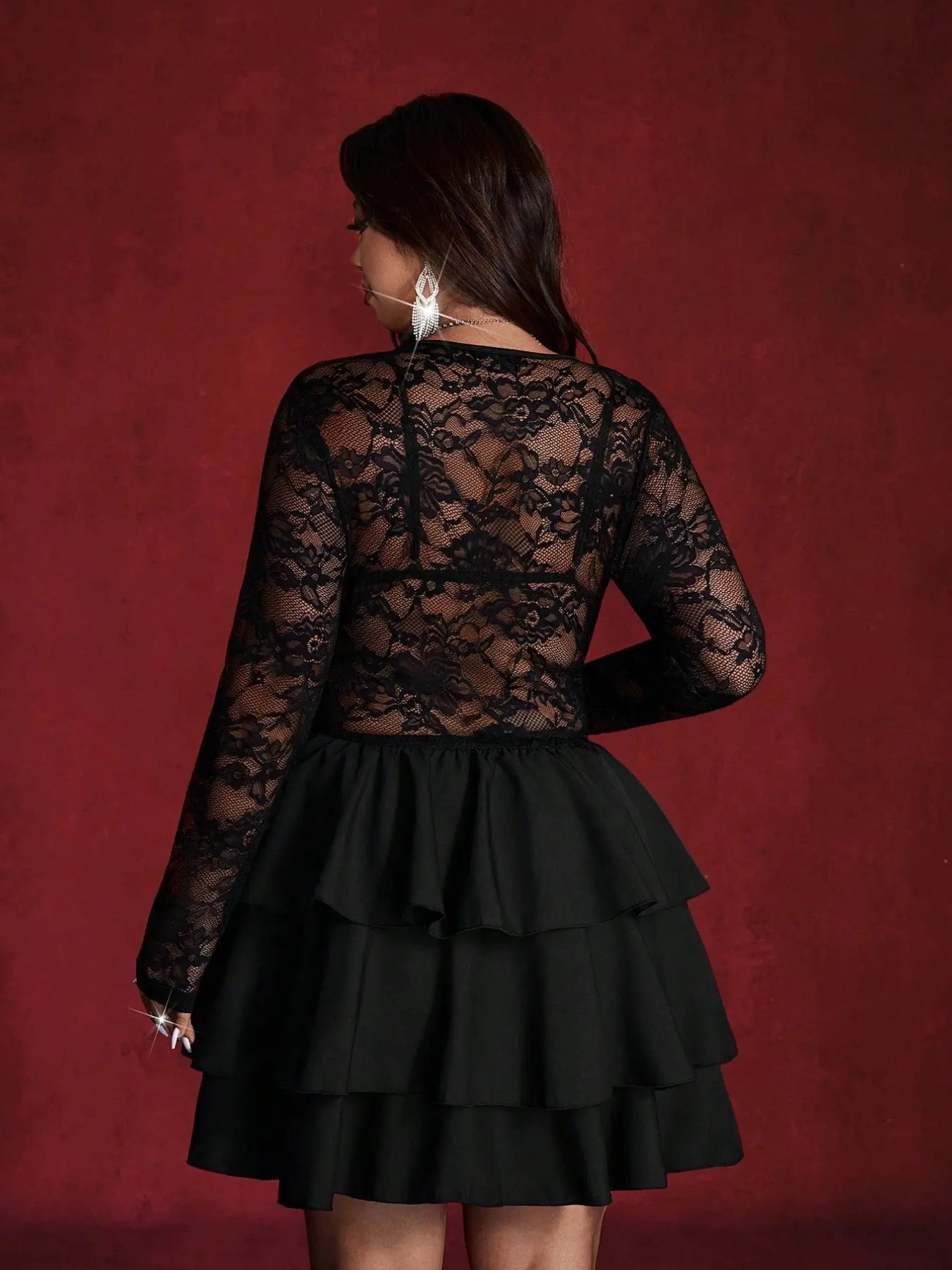 Plus Size Lace Evening Gown with Deep V-Neck and Ruffle Waist