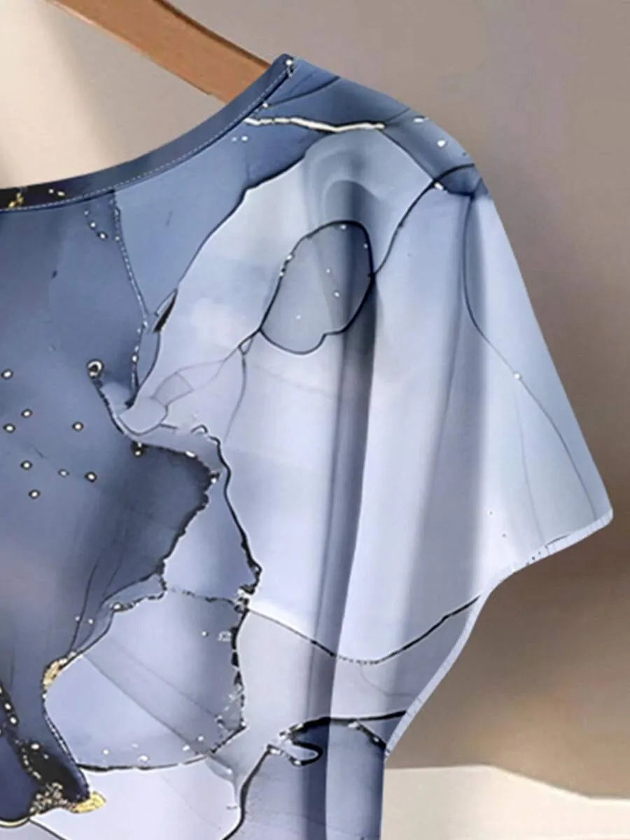 Women's Aqua Blue Summer Casual Vacation Holiday 2 Pieces Set,Abstract Floral Pattern Shirt With Tie Bow & Loose Straight Leg Pants,Vintage Style