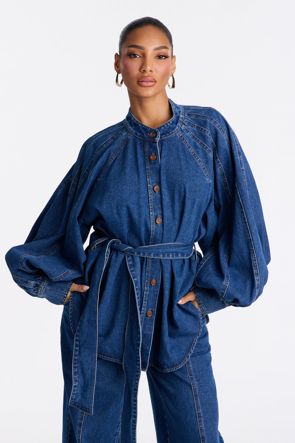 Gemma Tie Waist Denim Pant Set - Dark Wash