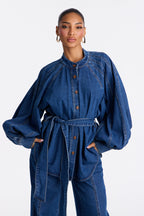 Gemma Tie Waist Denim Pant Set - Dark Wash