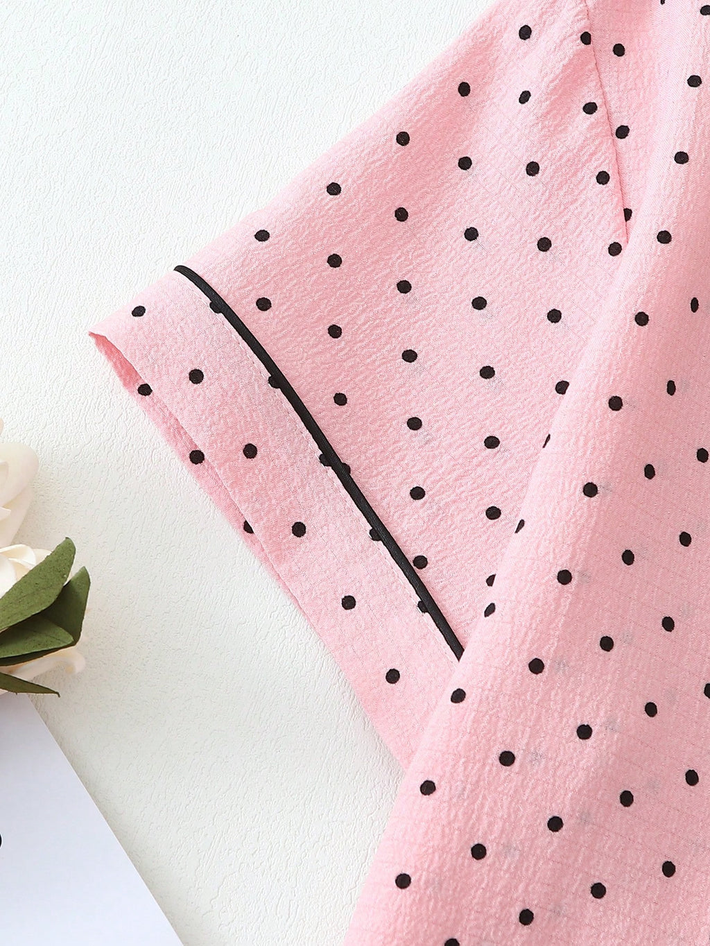 2pcs/Set Women's Mini Polka Dot Printed Pajama Set With Contrast Trim Button-Down Shirt And Bowknot Shorts, Perfect For Home Wear In Summer White Set,Two Pieces Set