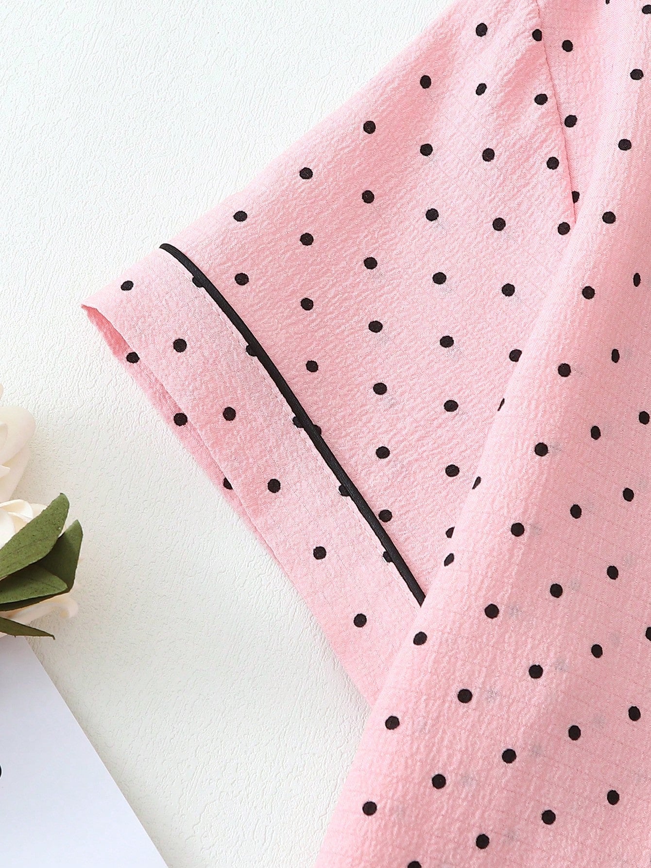 2pcs/Set Women's Mini Polka Dot Printed Pajama Set With Contrast Trim Button-Down Shirt And Bowknot Shorts, Perfect For Home Wear In Summer White Set,Two Pieces Set