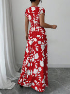 Elenzga Women V-Neck Allover Print Casual Long Dress