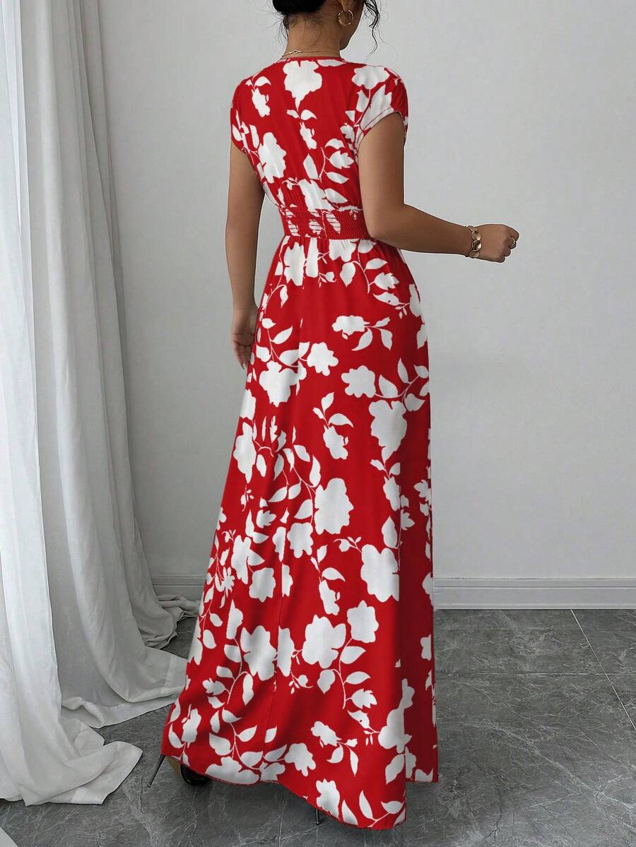 Elenzga Women V-Neck Allover Print Casual Long Dress