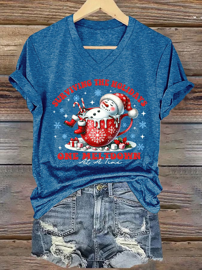 V-Neck Retro Christmas Snowman In Coffee Surviving The Holidays One Meltdown At A Time Print T-Shirt