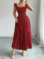 Spring & Summer Ruffled Polka Dot Maxi Dress with Back Tie