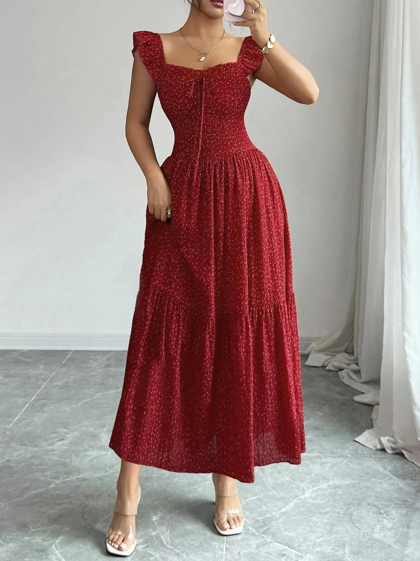 Spring & Summer Ruffled Polka Dot Maxi Dress with Back Tie