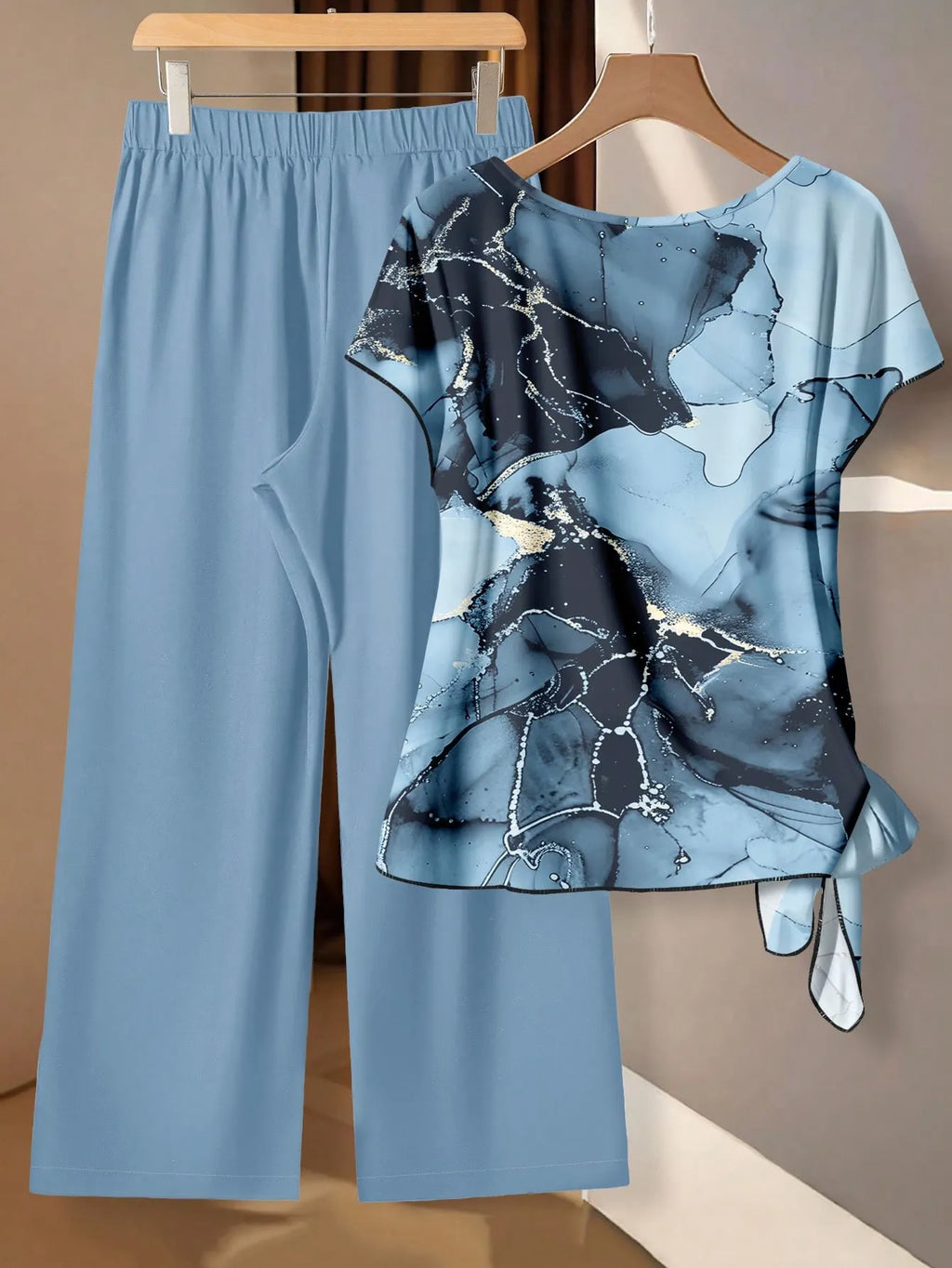 Women's Aqua Blue Summer Casual Vacation Holiday 2 Pieces Set,Abstract Floral Pattern Shirt With Tie Bow & Loose Straight Leg Pants,Vintage Style
