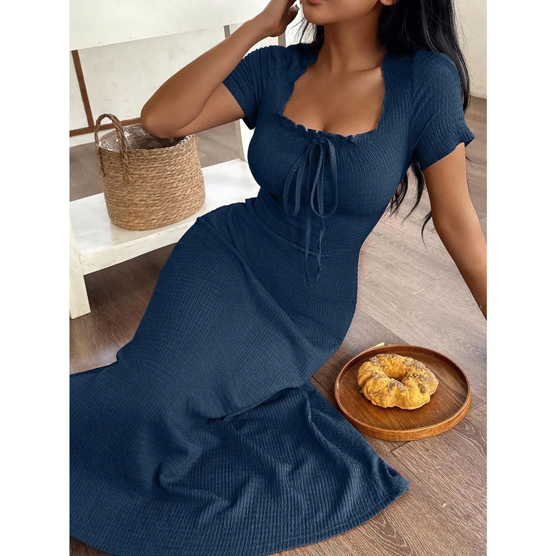 Women's Casual Solid Color Jacquard Gathered Ruffle Trim Square Neck Maxi Loungewear Dress Brown Dress Lounge Dress Summer Dress Tie Front Dress Midi Dress