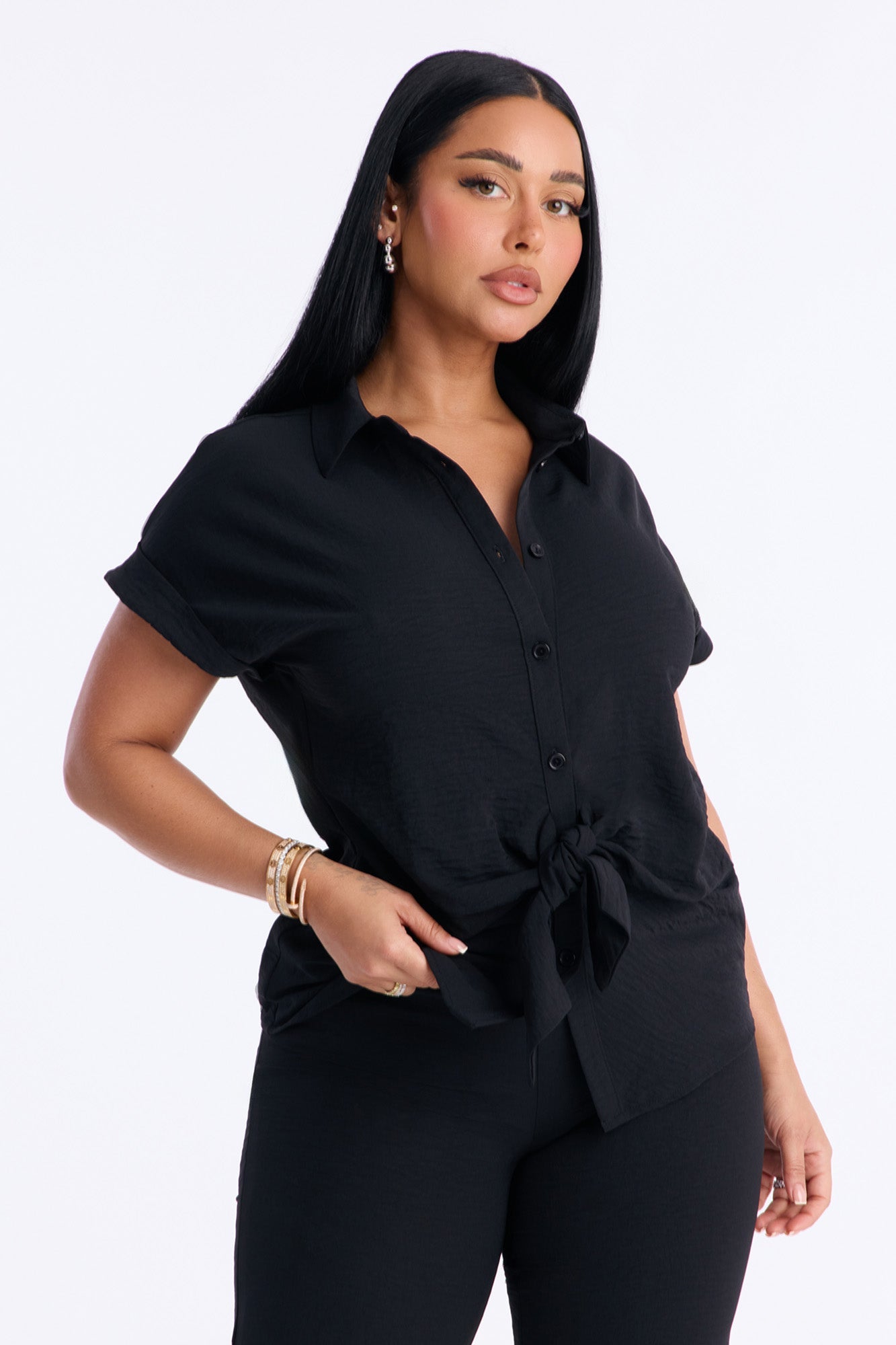 Makela Tie Front Wide Leg Pant Set - Black