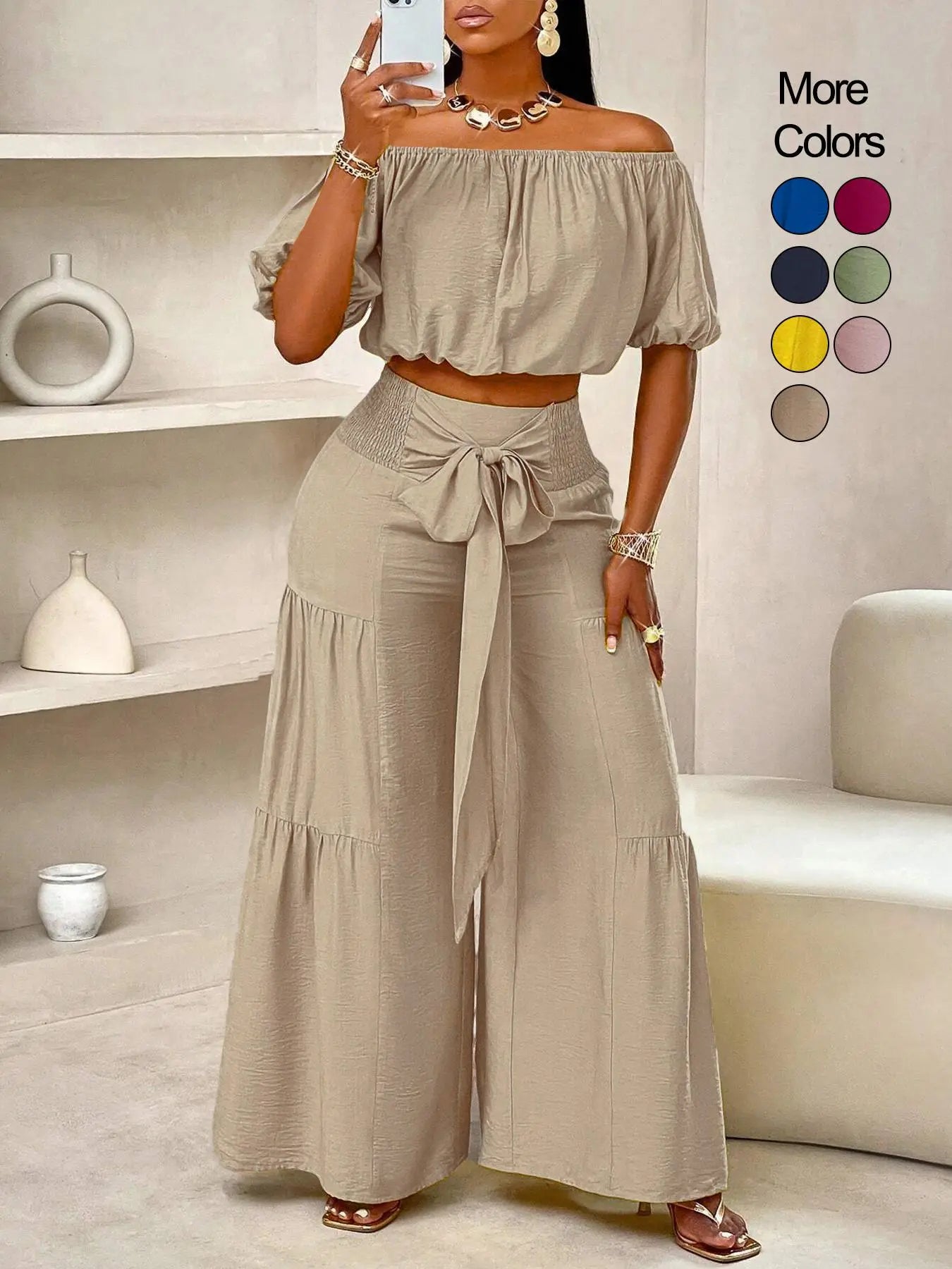 Summer Beach Vacation Bow Shoulderless Round Neck Shirt Wide Leg Pants Set, Casual Loose-Fitting, Women's Fashion, Womenswear