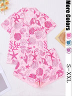 Women's All Over Shell Print Short Sleeve Pajama Two-piece Set