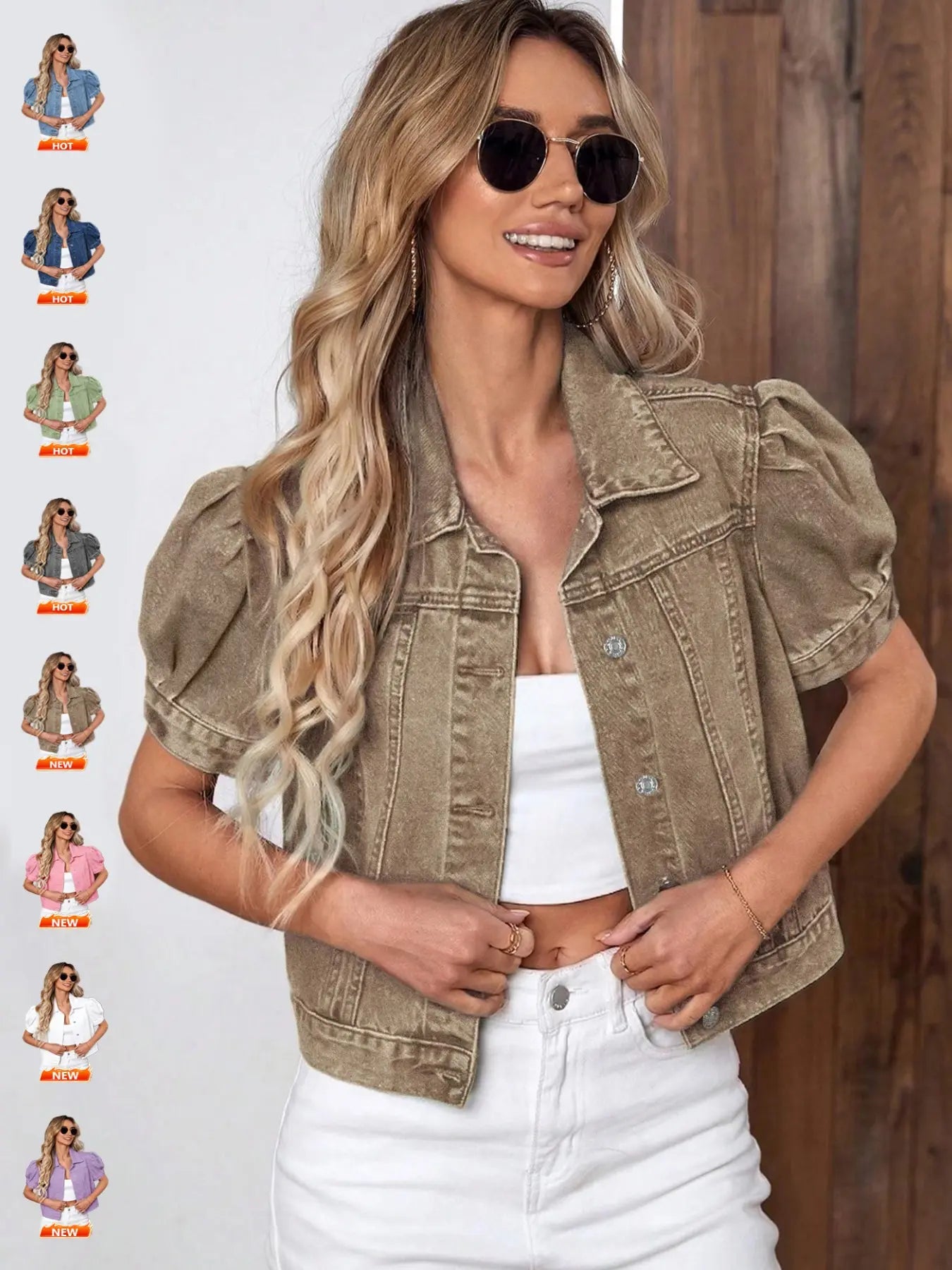 Women's Vintage Bubble Sleeve Light Wash Denim Jacket, Summer Thin High Waist Crop Top, Casual Fashionable Short Jean Coat for Women