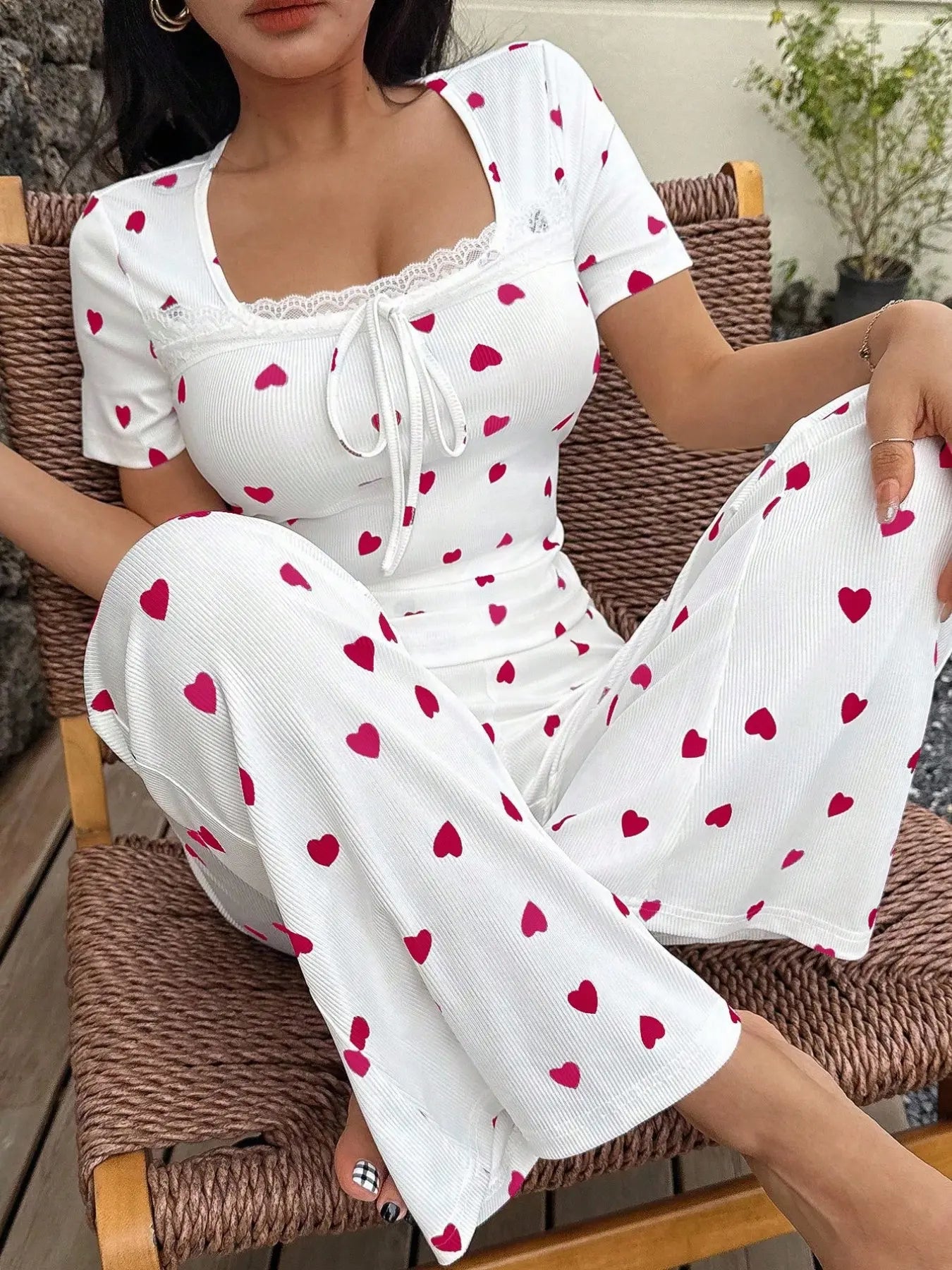 Women's Heart Print Short Sleeve Sleepwear Set, Breathable Fabric, Soft and Comfortable, Indoor Outdoor Wear, Casual Home Clothes Two-Piece Pajama Set Loungewear