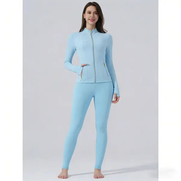 【Golden Zipper】Soft Brushed Women's Sport | Yoga | Quick-dry | Workout Jacket & High Waisted Cropped Leggings. Golden Zipper Jacket with Pockets, Yoga Pants, Thumbholes Design, Casual Slim fit Wear for Women