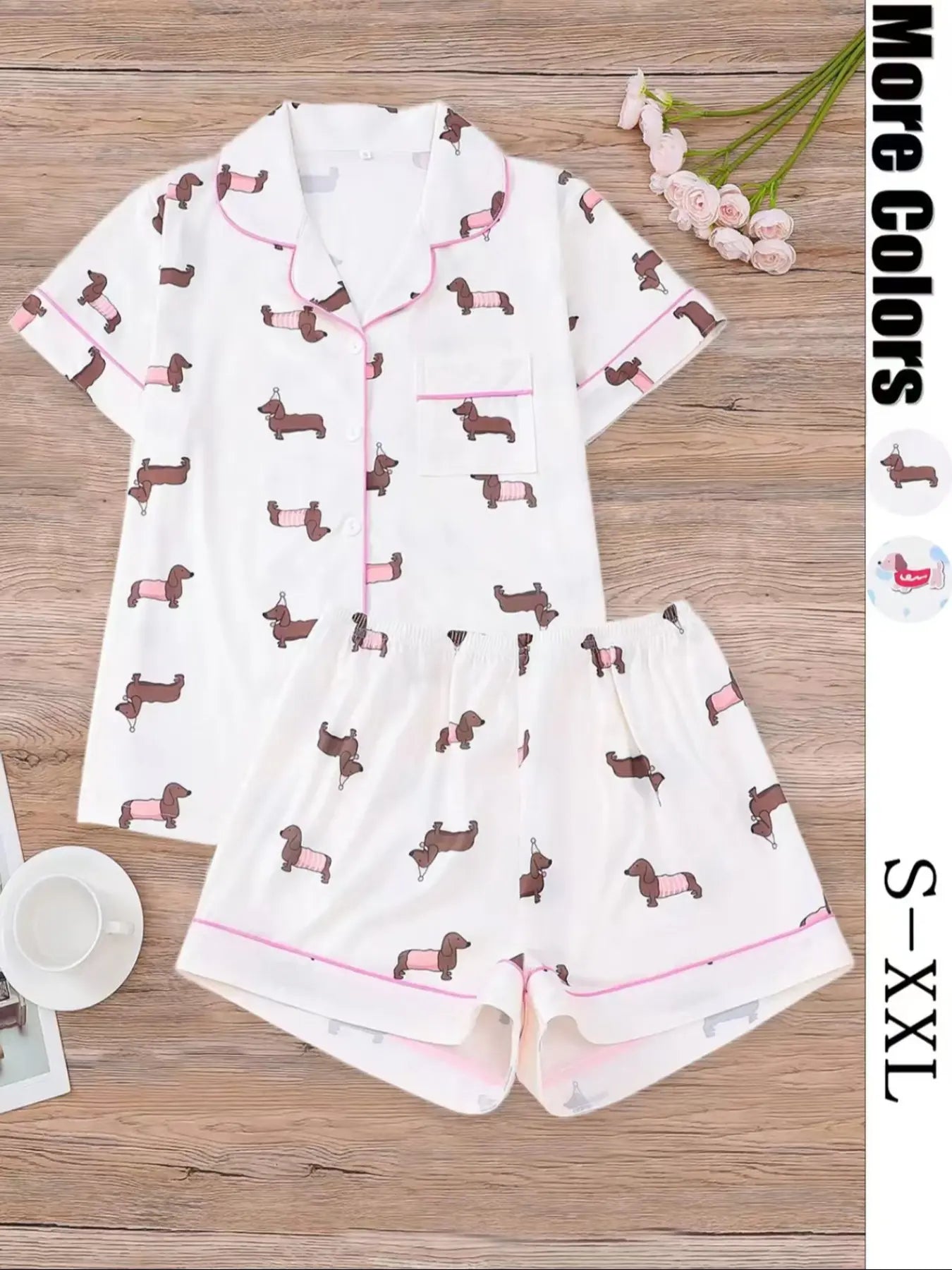 Women's All Over Dachshund Print Shirt & Elastic Waist Shorts Pyjama Two-piece Set