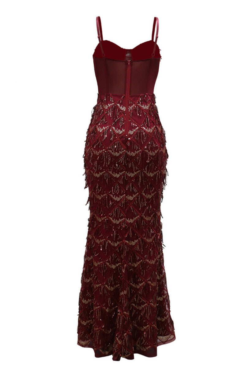 Cami Corset Sequin Fringed Gowns Maxi Dresses-Champagne