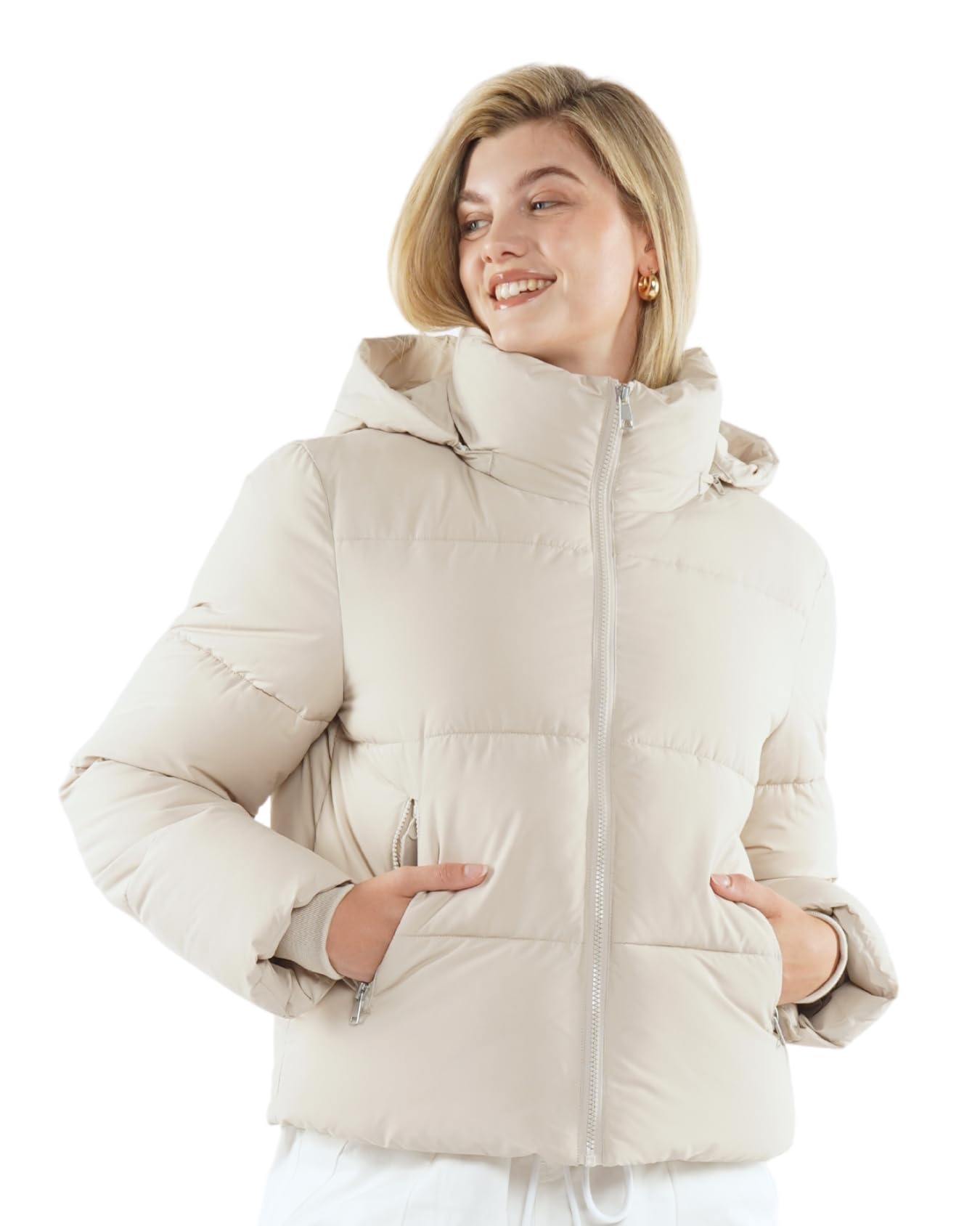 Warm Core Premium Short Puffer Jackets with Removable Hood & Optional Faux Fur Linging, Lady Casual Outerwear Longsleeves Zip Pockets Warm Quilted Coat