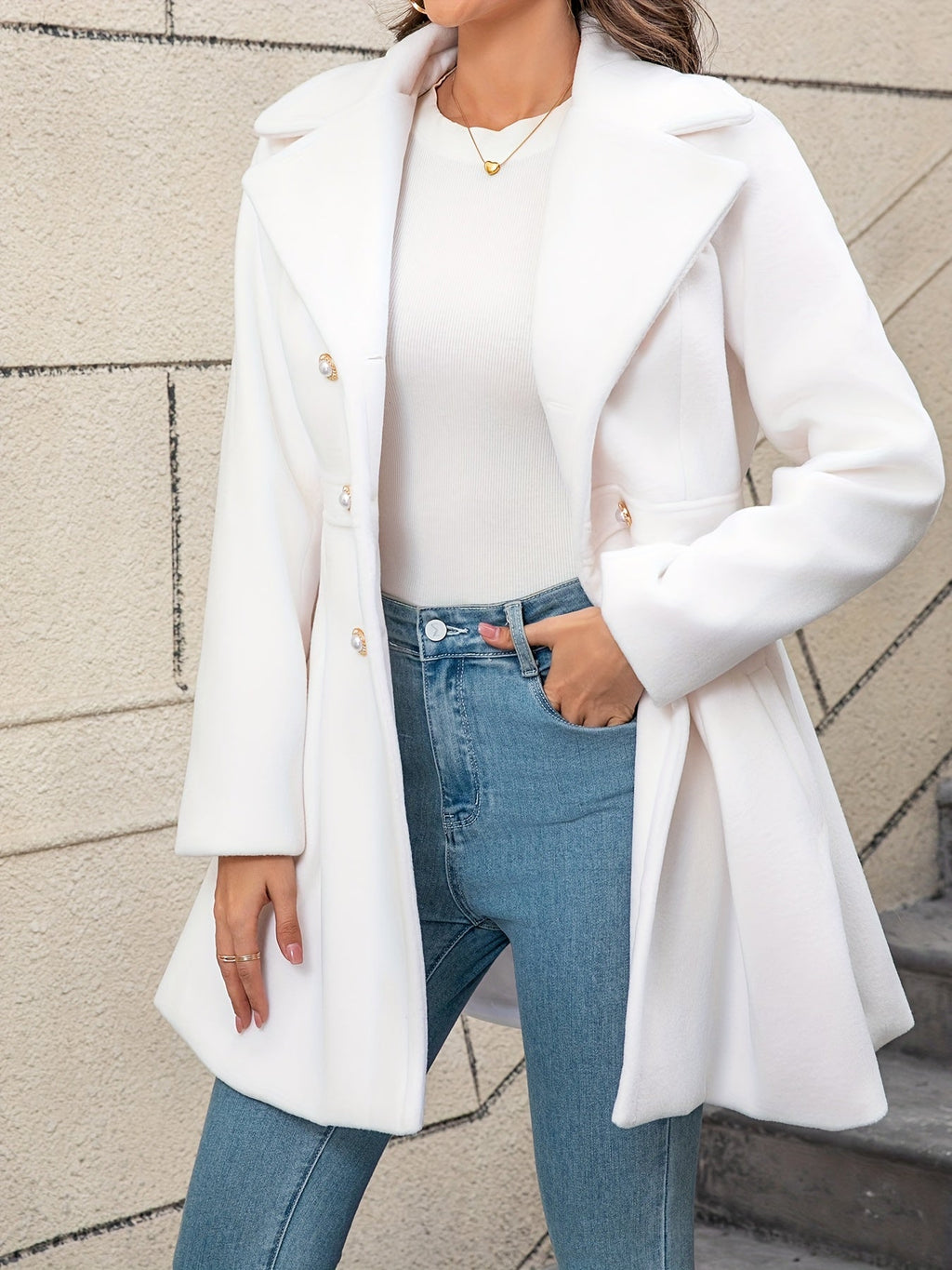 Women's Solid Double Button Pocket Overcoat, Casual Long Sleeve Lapel Neck Outerwear for Fall & Winter, Women's Clothes for Daily Wear, Clothing for Women, Cute Tops