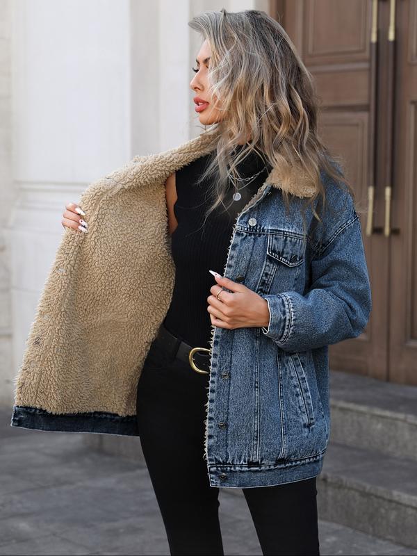 Women's Fall Winter Casual Fashion Jacket, Elegant Solid Color Stand Collar Thickened Warm Denim Coat, Versatile Outerwear for Women