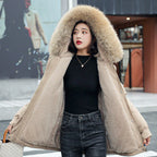Women's winter coat with loose hood and thick synthetic fleece