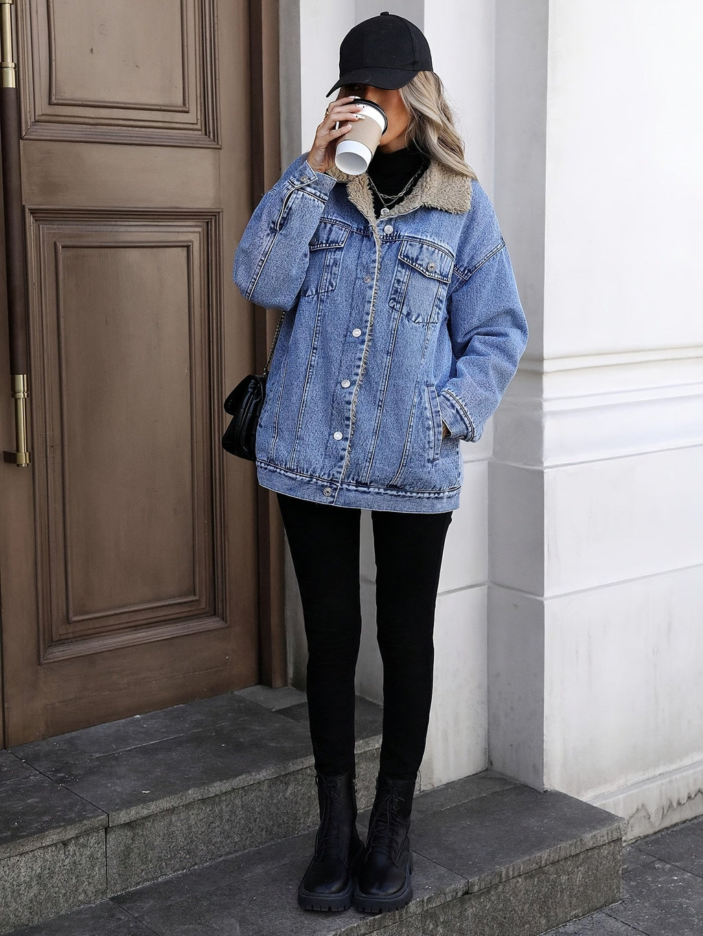 Women's Fall Winter Casual Fashion Jacket, Elegant Solid Color Stand Collar Thickened Warm Denim Coat, Versatile Outerwear for Women