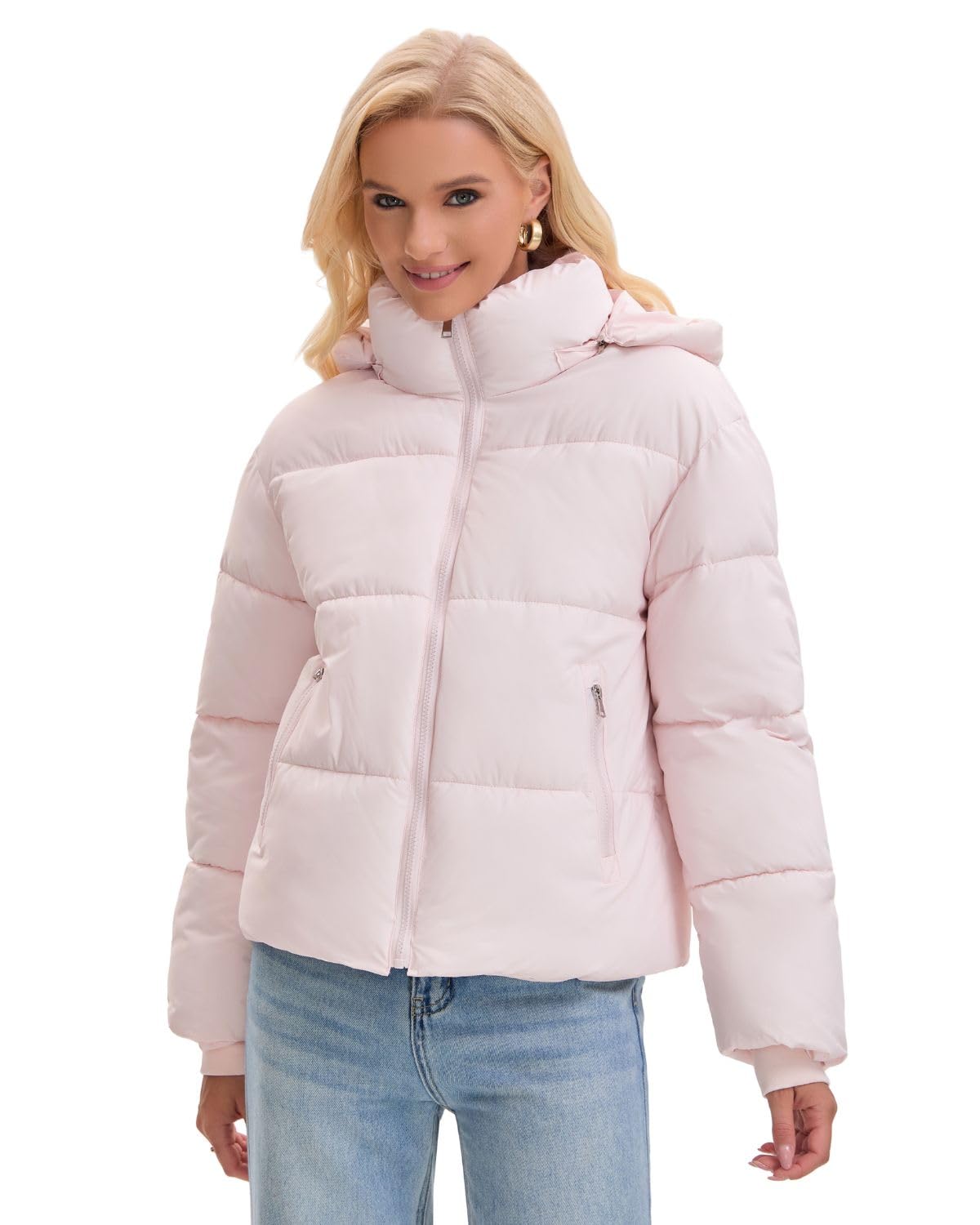 Warm Core Premium Short Puffer Jackets with Removable Hood & Optional Faux Fur Linging, Lady Casual Outerwear Longsleeves Zip Pockets Warm Quilted Coat
