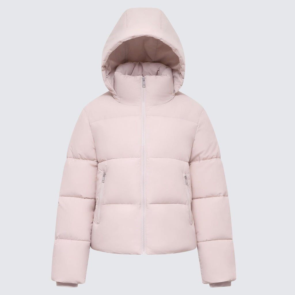 Warm Core Premium Short Puffer Jackets with Removable Hood & Optional Faux Fur Linging, Lady Casual Outerwear Longsleeves Zip Pockets Warm Quilted Coat