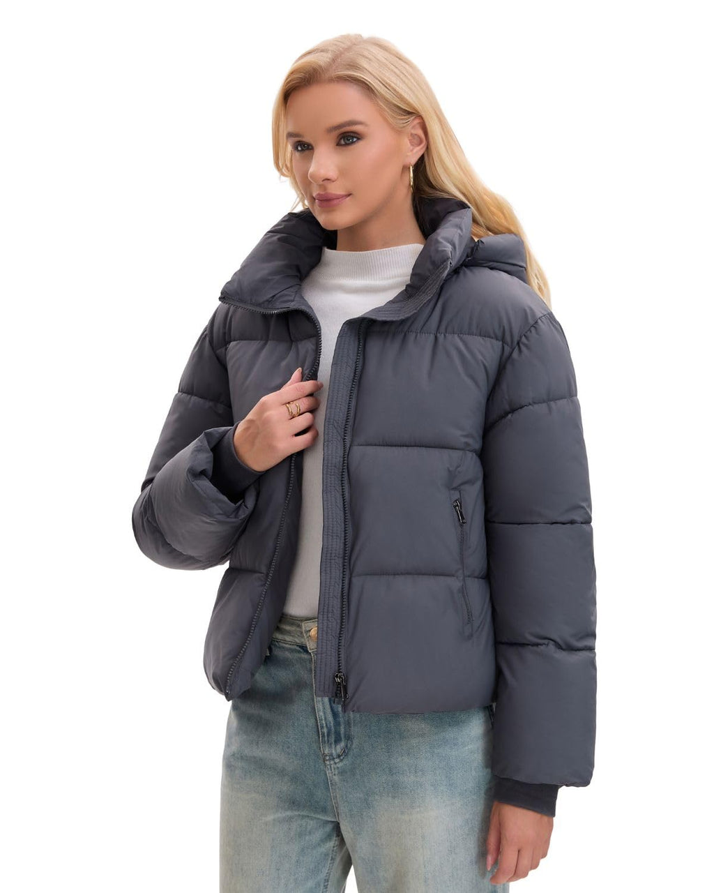 Warm Core Premium Short Puffer Jackets with Removable Hood & Optional Faux Fur Linging, Lady Casual Outerwear Longsleeves Zip Pockets Warm Quilted Coat