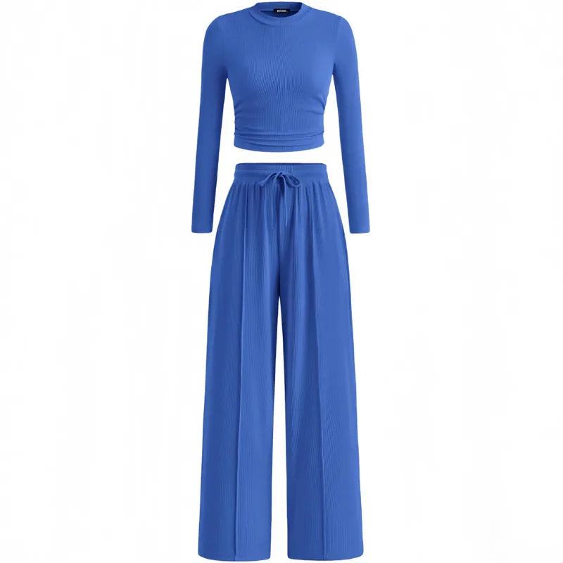 2-Piece Lounge Set – Ribbed Knit Long Sleeve Crop Top & Wide Leg Pants