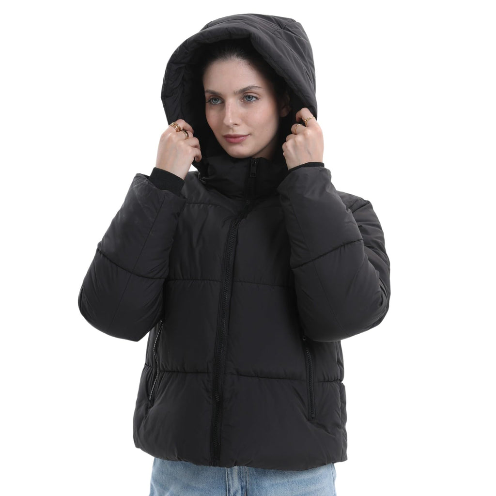 Warm Core Premium Short Puffer Jackets with Removable Hood & Optional Faux Fur Linging, Lady Casual Outerwear Longsleeves Zip Pockets Warm Quilted Coat