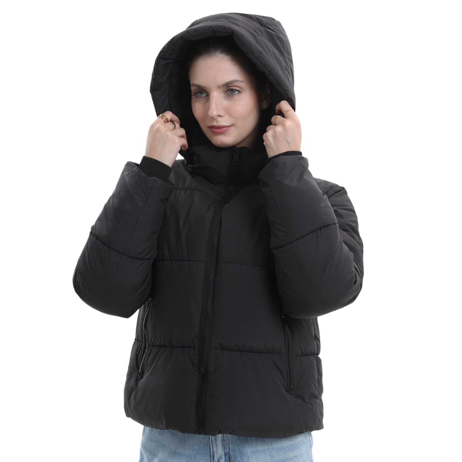Warm Core Premium Short Puffer Jackets with Removable Hood & Optional Faux Fur Linging, Lady Casual Outerwear Longsleeves Zip Pockets Warm Quilted Coat