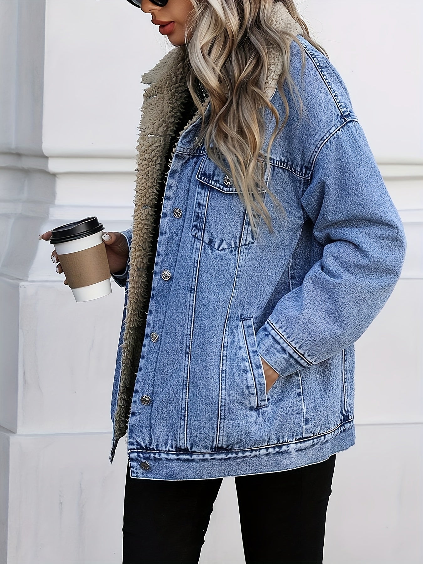 Women's Fall Winter Casual Fashion Jacket, Elegant Solid Color Stand Collar Thickened Warm Denim Coat, Versatile Outerwear for Women