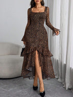 Women's Gothic Elegant Sexy Mesh Splicing Colorful Print Retro Petal Sleeves Ruffle Mermaid Hem Double Layer Dress