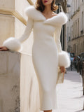 Ivory Off-Shoulder Knit Midi Dress With Faux Fur Trim