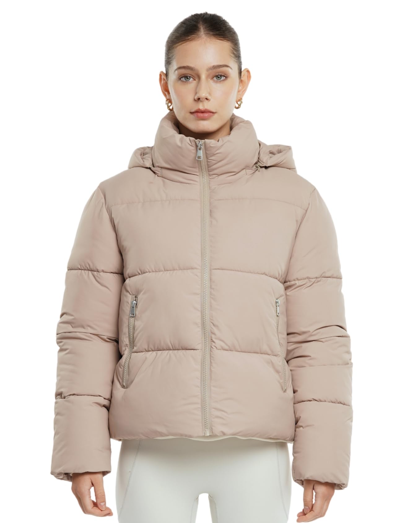 Warm Core Premium Short Puffer Jackets with Removable Hood & Optional Faux Fur Linging, Lady Casual Outerwear Longsleeves Zip Pockets Warm Quilted Coat