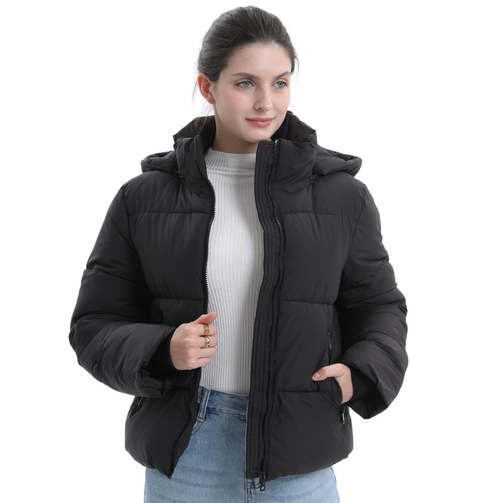 Warm Core Premium Short Puffer Jackets with Removable Hood & Optional Faux Fur Linging, Lady Casual Outerwear Longsleeves Zip Pockets Warm Quilted Coat