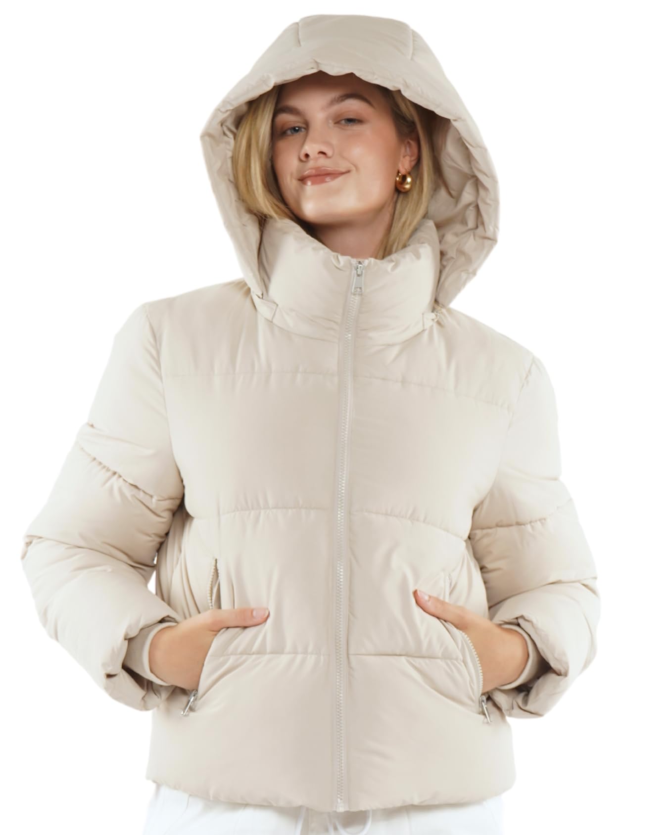 Warm Core Premium Short Puffer Jackets with Removable Hood & Optional Faux Fur Linging, Lady Casual Outerwear Longsleeves Zip Pockets Warm Quilted Coat